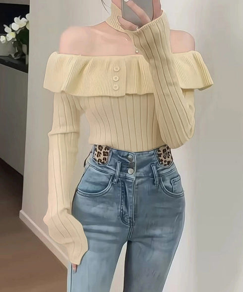 チョーカーネックニットトップスオフショル レディース 大人可愛い セパレートネック リブニットカットソー オフショルダー フリルニット着やせ 2WAYトップス春秋 1YQIAN-001
