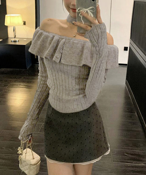 チョーカーネックニットトップスオフショル レディース 大人可愛い セパレートネック リブニットカットソー オフショルダー フリルニット着やせ 2WAYトップス春秋 1YQIAN-001