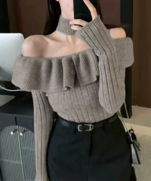 チョーカーネックニットトップスオフショル レディース 大人可愛い セパレートネック リブニットカットソー オフショルダー フリルニット着やせ 2WAYトップス春秋 1YQIAN-001