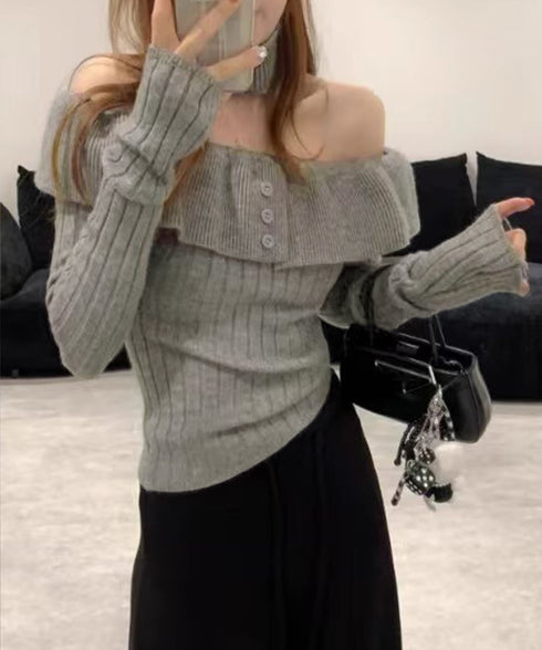 チョーカーネックニットトップスオフショル レディース 大人可愛い セパレートネック リブニットカットソー オフショルダー フリルニット着やせ 2WAYトップス春秋 1YQIAN-001