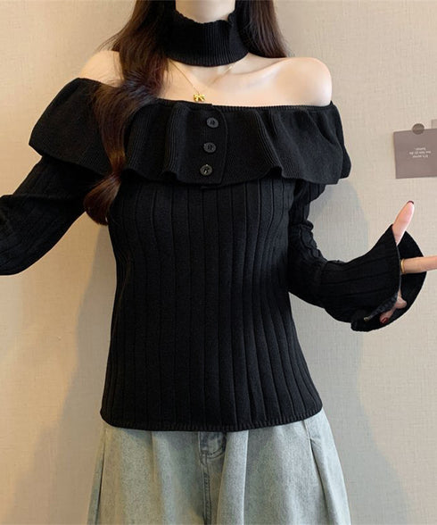 チョーカーネックニットトップスオフショル レディース 大人可愛い セパレートネック リブニットカットソー オフショルダー フリルニット着やせ 2WAYトップス春秋 1YQIAN-001