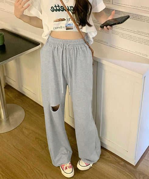 ダメージ スウェットパンツ レディース 韓国 穴あき スエットロングパンツ ウエストゴム イージーパンツ カジュアル リラックス ストレートパンツ 着やせ 1YUJIAN-007