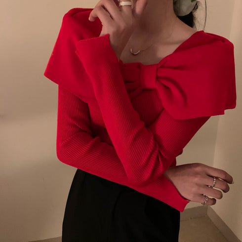 ビッグリボンニットトップスレディース秋冬 ビッグカラー リブニット スクエアネック デコルテ見せ セクシー ニットウェア 韓国 おしゃれ ニットソーオルチャン 1YUJIAN-015