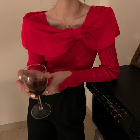 ビッグリボンニットトップスレディース秋冬 ビッグカラー リブニット スクエアネック デコルテ見せ セクシー ニットウェア 韓国 おしゃれ ニットソーオルチャン 1YUJIAN-015