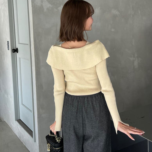 ビッグリボンニットトップスレディース秋冬 ビッグカラー リブニット スクエアネック デコルテ見せ セクシー ニットウェア 韓国 おしゃれ ニットソーオルチャン 1YUJIAN-015