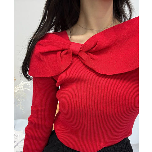ビッグリボンニットトップスレディース秋冬 ビッグカラー リブニット スクエアネック デコルテ見せ セクシー ニットウェア 韓国 おしゃれ ニットソーオルチャン 1YUJIAN-015