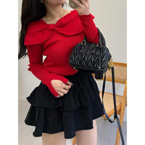 ビッグリボンニットトップスレディース秋冬 ビッグカラー リブニット スクエアネック デコルテ見せ セクシー ニットウェア 韓国 おしゃれ ニットソーオルチャン 1YUJIAN-015