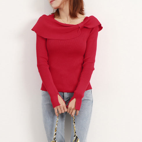 ビッグリボンニットトップスレディース秋冬 ビッグカラー リブニット スクエアネック デコルテ見せ セクシー ニットウェア 韓国 おしゃれ ニットソーオルチャン 1YUJIAN-015