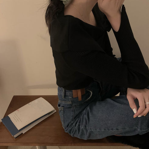 ビッグリボンニットトップスレディース秋冬 ビッグカラー リブニット スクエアネック デコルテ見せ セクシー ニットウェア 韓国 おしゃれ ニットソーオルチャン 1YUJIAN-015