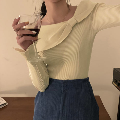 ビッグリボンニットトップスレディース秋冬 ビッグカラー リブニット スクエアネック デコルテ見せ セクシー ニットウェア 韓国 おしゃれ ニットソーオルチャン 1YUJIAN-015