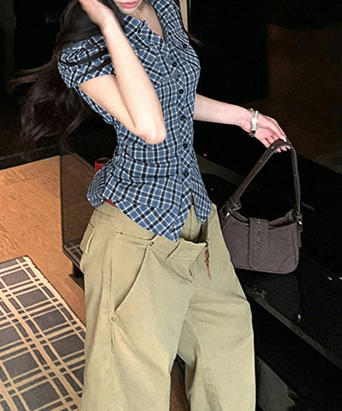 シャーリングブラウスチェック柄シャツ半袖 ウエストギャザー襟付きシャツレディース ウエストマークトップスきれいめ 大人可愛い 着やせシャツ細見え カジュアルお洒落 1YYXC-001