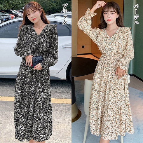 ティアードワンピース 花柄ワンピース韓国 レディース ハイウエスト 総柄 ロングワンピース 体型カバーフレアワンピース 長袖 春秋服 きれいめ Vネックワンピース 1ZHJF-001