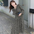 ティアードワンピース 花柄ワンピース韓国 レディース ハイウエスト 総柄 ロングワンピース 体型カバーフレアワンピース 長袖 春秋服 きれいめ Vネックワンピース 1ZHJF-001
