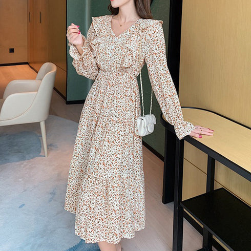 ティアードワンピース 花柄ワンピース韓国 レディース ハイウエスト 総柄 ロングワンピース 体型カバーフレアワンピース 長袖 春秋服 きれいめ Vネックワンピース 1ZHJF-001