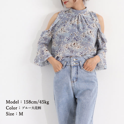 花柄ブラウスプチハイネックオフショルダー シフォンブラウス レディース フレアスリーブ 肩あきトップス 薄手 肩見せ 夏服 かわいい 韓国風 フェミニン おしゃれ 1ZHJF-011