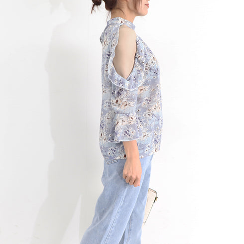 花柄ブラウスプチハイネックオフショルダー シフォンブラウス レディース フレアスリーブ 肩あきトップス 薄手 肩見せ 夏服 かわいい 韓国風 フェミニン おしゃれ 1ZHJF-011