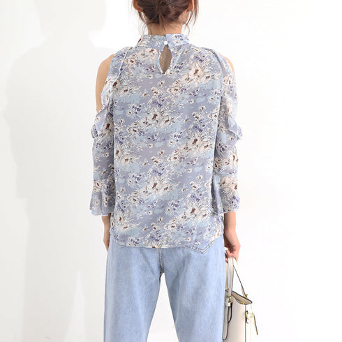 花柄ブラウスプチハイネックオフショルダー シフォンブラウス レディース フレアスリーブ 肩あきトップス 薄手 肩見せ 夏服 かわいい 韓国風 フェミニン おしゃれ 1ZHJF-011