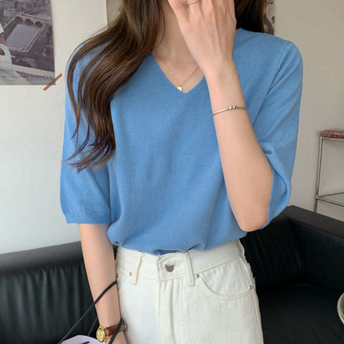vネックサマーニット レディース 五分袖 ニットソー 韓国ファッション 薄手 ニットTシャツ シンプル プルオーバー トップス 春秋夏お洒落 オフィスカジュアル 1ZHJF-015