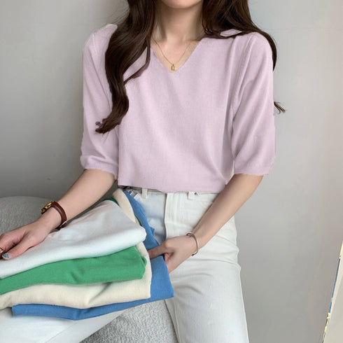 vネックサマーニット レディース 五分袖 ニットソー 韓国ファッション 薄手 ニットTシャツ シンプル プルオーバー トップス 春秋夏お洒落 オフィスカジュアル 1ZHJF-015