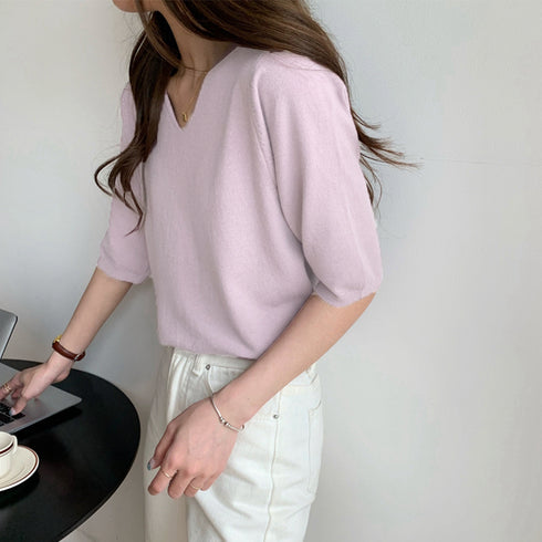 vネックサマーニット レディース 五分袖 ニットソー 韓国ファッション 薄手 ニットTシャツ シンプル プルオーバー トップス 春秋夏お洒落 オフィスカジュアル 1ZHJF-015