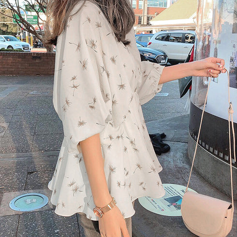 フレア シャツブラウス レディース 夏服 ボリューム袖 柄シャツ トップス 着やせ ゆったり Vネック シフォンブラウス パフスリーブ カジュアル 大人エレガント 1ZHJF-018