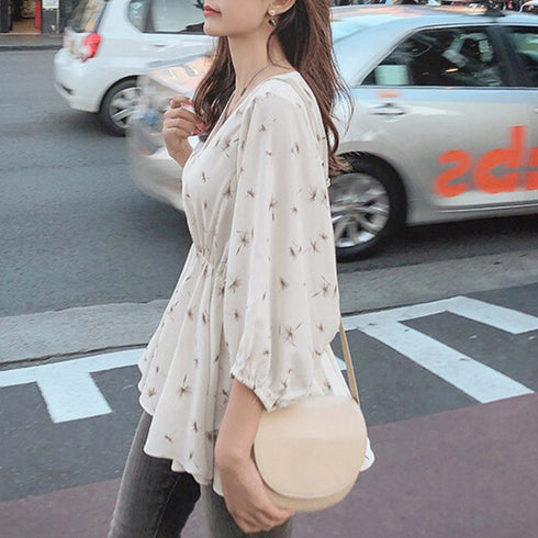 フレア シャツブラウス レディース 夏服 ボリューム袖 柄シャツ トップス 着やせ ゆったり Vネック シフォンブラウス パフスリーブ カジュアル 大人エレガント 1ZHJF-018