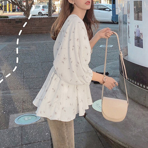 フレア シャツブラウス レディース 夏服 ボリューム袖 柄シャツ トップス 着やせ ゆったり Vネック シフォンブラウス パフスリーブ カジュアル 大人エレガント 1ZHJF-018