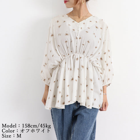 フレア シャツブラウス レディース 夏服 ボリューム袖 柄シャツ トップス 着やせ ゆったり Vネック シフォンブラウス パフスリーブ カジュアル 大人エレガント 1ZHJF-018