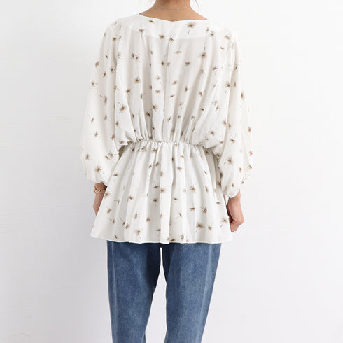 フレア シャツブラウス レディース 夏服 ボリューム袖 柄シャツ トップス 着やせ ゆったり Vネック シフォンブラウス パフスリーブ カジュアル 大人エレガント 1ZHJF-018