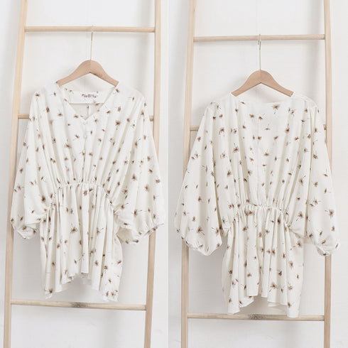 フレア シャツブラウス レディース 夏服 ボリューム袖 柄シャツ トップス 着やせ ゆったり Vネック シフォンブラウス パフスリーブ カジュアル 大人エレガント 1ZHJF-018