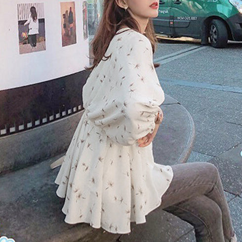 フレア シャツブラウス レディース 夏服 ボリューム袖 柄シャツ トップス 着やせ ゆったり Vネック シフォンブラウス パフスリーブ カジュアル 大人エレガント 1ZHJF-018