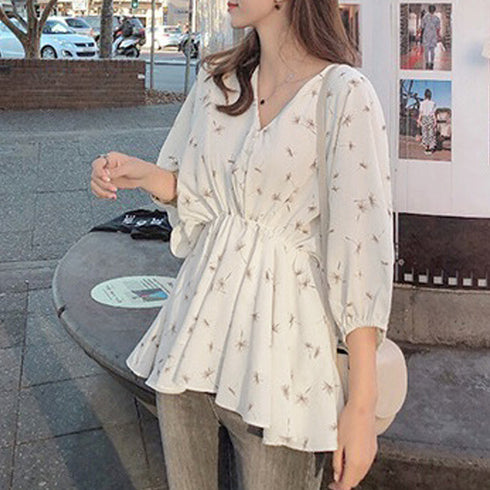 フレア シャツブラウス レディース 夏服 ボリューム袖 柄シャツ トップス 着やせ ゆったり Vネック シフォンブラウス パフスリーブ カジュアル 大人エレガント 1ZHJF-018