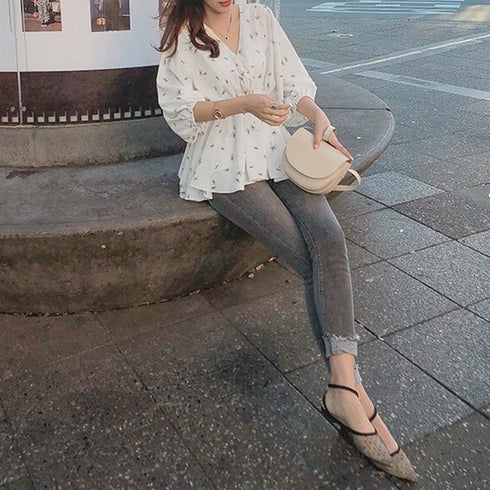 フレア シャツブラウス レディース 夏服 ボリューム袖 柄シャツ トップス 着やせ ゆったり Vネック シフォンブラウス パフスリーブ カジュアル 大人エレガント 1ZHJF-018