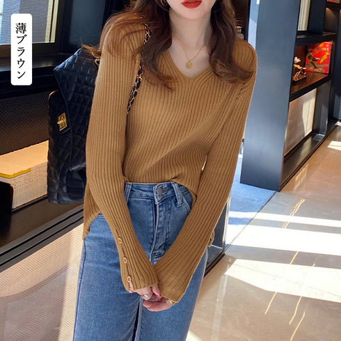 リブニットトップス レディースニットソー Vネック ベーシックニット きれいめ インナーニット お洒落 通勤 オフィスカジュアル 長袖トップス 着やせ 韓国春秋冬 1ZHJF-027