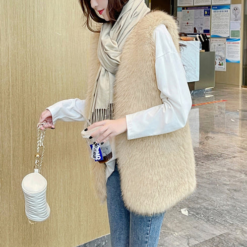 エコファーベスト レディース韓国風ベスト ボリューム ファーベスト 体型カバー 重ね着 ファージレ フェミニン ファージャケット ゆったり ミドル丈ふんわり着やせ 1ZHJF-029