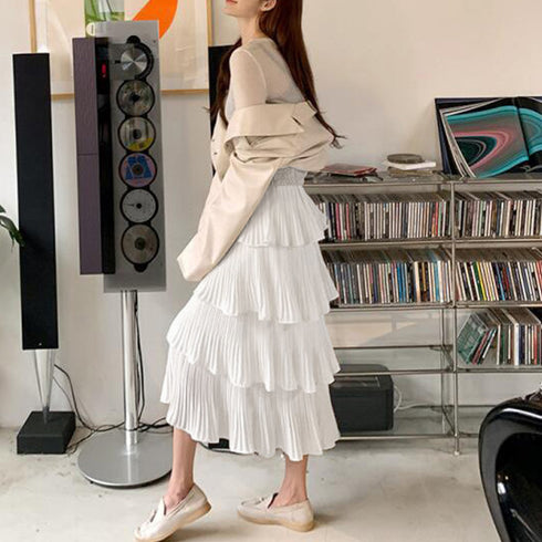 ティアードスカート プリーツ 韓国 春夏 フレアスカート ウエストゴムロングスカート 大人可愛い 4段フリルスカート きれいめボリュームスカート お洒落体型カバー 1ZHJF-031