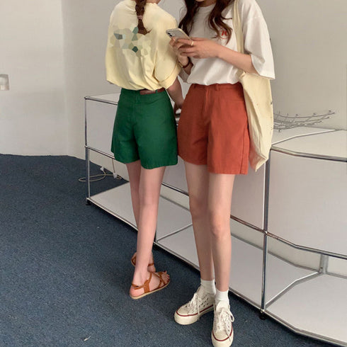 ハイウエスト カラーショートパンツ 韓国 レディース 大人カジュアルショーパン 春秋夏 ボトムス 美脚脚長ホットパンツ ベーシック着やせ 20代30代40代短パン 1ZHJF-032