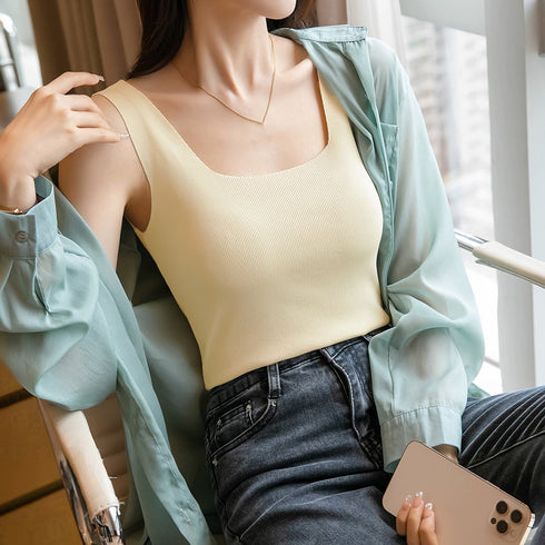 タンクトップ スクエアネックサマーニット シンプル ニットトップス ノースリーブ 夏トップス レディース 春秋 大人可愛い 無地韓国ニットインナー 着回しオシャレ 1ZHJF-034