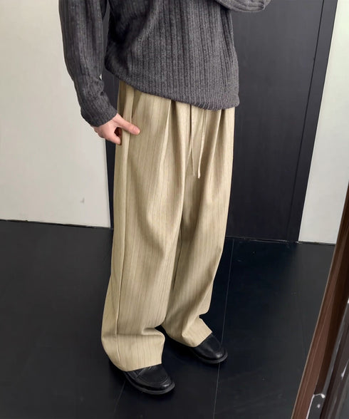 ストライプ柄ワイドスラックスパンツメンズ ドローコードイージーパンツウエストゴム ゆったりボトムス 体型カバー カジュアル長ズボン 秋冬おしゃれロングパンツ韓国風 1ZYJN-001