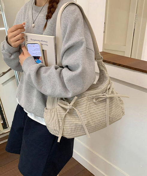 軽いチェック柄ショルダーバッグレディース リボンショルダーバッグ 軽量ナイロンバッグ ワンショルダーバッグ 肩掛けバッグ ヴィンテージ風バッグ おしゃれバッグ通勤 21BAOBAO-035