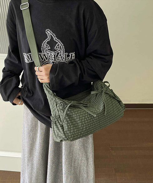 軽いチェック柄ショルダーバッグレディース リボンショルダーバッグ 軽量ナイロンバッグ ワンショルダーバッグ 肩掛けバッグ ヴィンテージ風バッグ おしゃれバッグ通勤 21BAOBAO-035