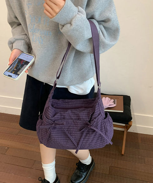 軽いチェック柄ショルダーバッグレディース リボンショルダーバッグ 軽量ナイロンバッグ ワンショルダーバッグ 肩掛けバッグ ヴィンテージ風バッグ おしゃれバッグ通勤 21BAOBAO-035