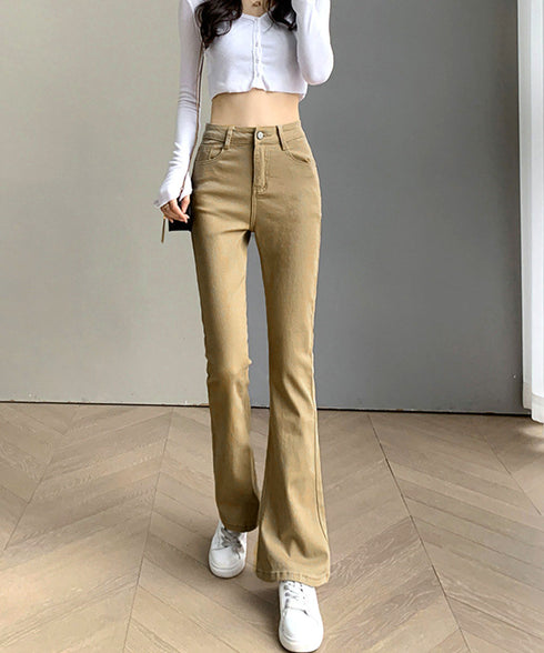 セミフレアデニムパンツ 美脚デニムパンツ ストレッチパンツ レディース ブーツカットデニム ハイウエスト 脚長ボトムス カジュアル シーズン 韓国風 着やせ 春夏 21KUZI-012