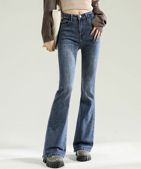 セミフレアデニムパンツ 美脚デニムパンツ ストレッチパンツ レディース ブーツカットデニム ハイウエスト 脚長ボトムス カジュアル シーズン 韓国風 着やせ 春夏 21KUZI-012