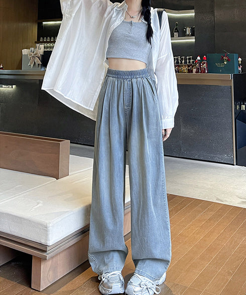 美脚デニム風ワイドパンツタック入りパンツ パンツ夏新作 脚長 軽量パンツさらさら素材 ウエストゴム 涼しいボトムス 通気性イージーパンツ デニム調長ズボン 柔らか 21KUZI-021
