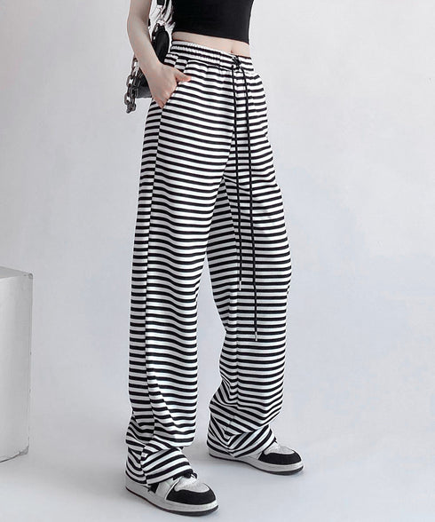 リラックスボーダーパンツウエスト紐韓国風 ウエストゴムパンツ イージーパンツ ストレッチストレートパンツ カジュアルパンツ シンプルセミワイドパンツ ロングパンツ 21KUZI-023