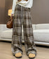 チェック柄パンツハイウエストワイドパンツ チェックパンツ イージーパンツ リラックスパンツ 体型カバー長ズボン ルーズシルエットカジュアルパンツ 韓国ファッション 21KUZI-024