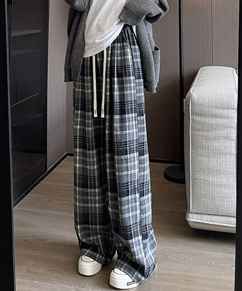 チェック柄パンツハイウエストワイドパンツ チェックパンツ イージーパンツ リラックスパンツ 体型カバー長ズボン ルーズシルエットカジュアルパンツ 韓国ファッション 21KUZI-024
