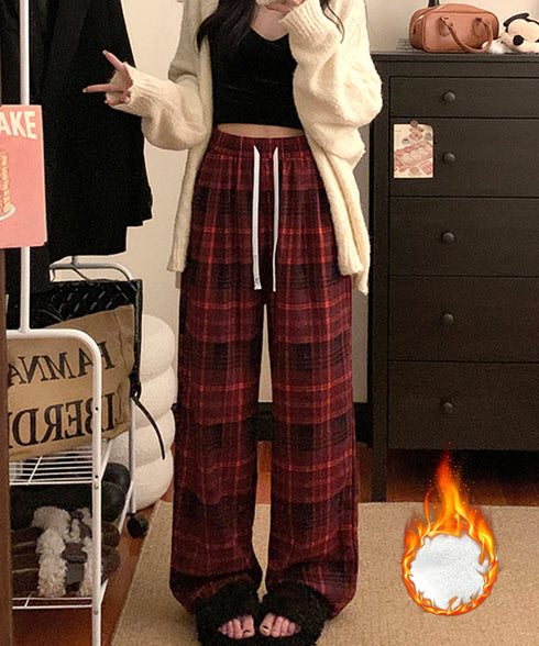 チェック柄パンツハイウエストワイドパンツ 裏起毛チェックパンツ イージーパンツ 暖かリラックスパンツ 体型カバー長ズボン ルーズシルエット カジュアルパンツ韓国風 21KUZI-024