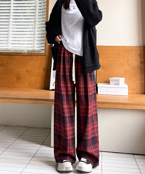 チェック柄パンツハイウエストワイドパンツ 裏起毛チェックパンツ イージーパンツ 暖かリラックスパンツ 体型カバー長ズボン ルーズシルエット カジュアルパンツ韓国風 21KUZI-024
